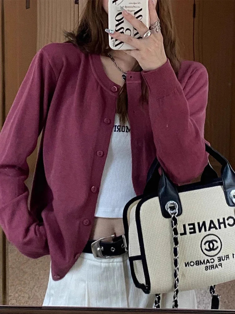New 2025 Spring Summer Knit Cardigan O-Neck Solid Color Fashion High-Grade Comfortable Slim Casual Knitwear Tops Plum colored One Size