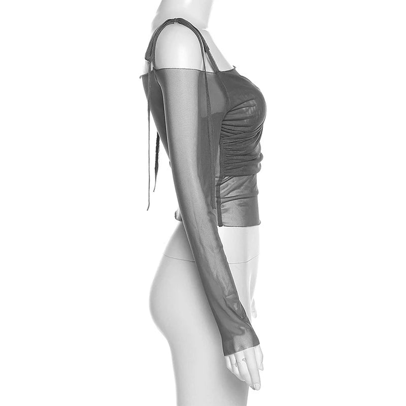 Solid Slash Neck Crop Tops Sexy Off Shoulder Straps Long Sleeve T-Shirts Slim Mesh Tees Y2K Streetwear Women