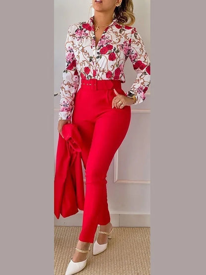 Autumn Winter Stand Neck Floral Print Long Sleeve Shirt Pants Two Piece Sets Elegant Women Casual Shirt Trousers Suits With Belt Red CHINA