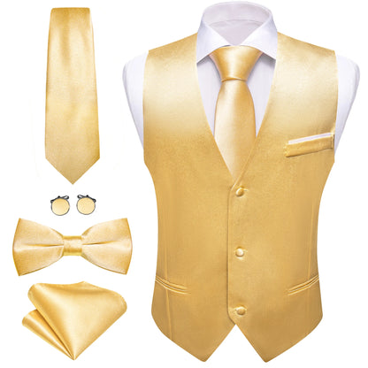 Luxury Vest for Men Gold Solid Silk Satin Waistcoat Bowtie Tie Set Sleeveless Jacket Wedding Formal Male Gilet Suit Barry Wang 2674
