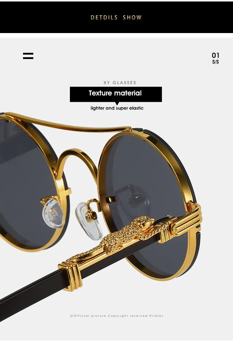 Vintage Round Sunglasses Men Women Luxury Brand Designer Cheetah Metal Casual Eyewear UV400