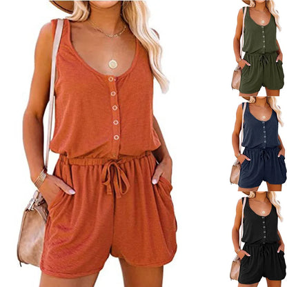 European and American Women's Summer Cross-Border New Sleeveless Jumpsuit With Waist Tied Casual Loose Wide leg Shorts Badiee Stylez