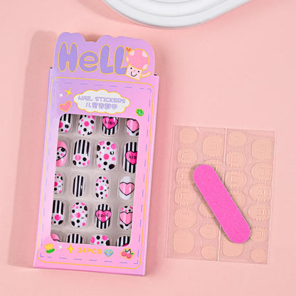 24Pcs Children Cartoon Nail Tips Colorful Cute Rabbit Pink Stars 6-14 Years old Girl Fake Nail With Jelly Glue Kids False Nail TC0015-2