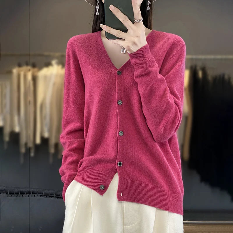 100 Merino Wool Knitted V-neck Sweater Women's Top Loose Korean Version Fashionable Versatile Autumn And Winter Cashmere Sweater WQ015 mei hong