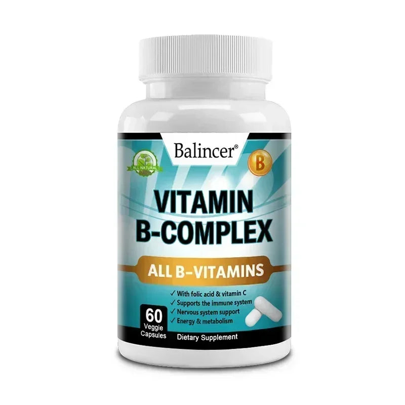 Vitamin B Complex Supplement, Containing Folic Acid and Vitamin C, Supports Energy, Immune Health, Antioxidant Supplement 60 count-1 bottle