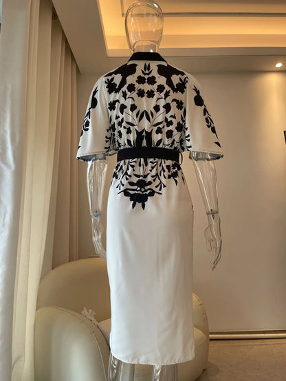 Women's elegant temperament V-neck A-line party dress 2025 new half sleeved printed lace up waist dress