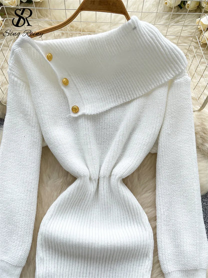 SINGREINY Autumn Knitwear Bodycon Dress Diagonal Collar High Elastic Slim Fit Design Female Light Luxury Solid Sweater Dress