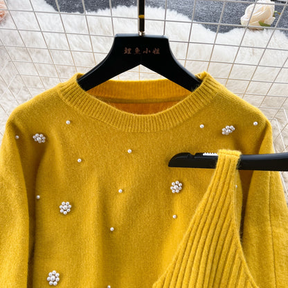 SINGREINY Beading Casual Two Piece Set Women Long Sleeve O Neck Pullover Midi Dress Fashion 2023 Winter Sweater Suit Dresses Badiee Stylez