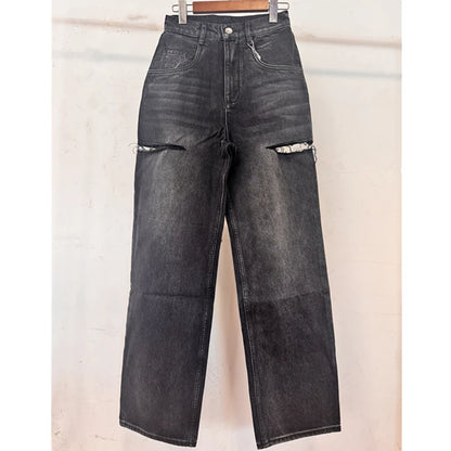 Dave&Di Summer British High Street Retro Loose Jeans With High Waist Wide Legs Broken Jeans For Women Boyfriend Style Mom Jeans Dark Grey