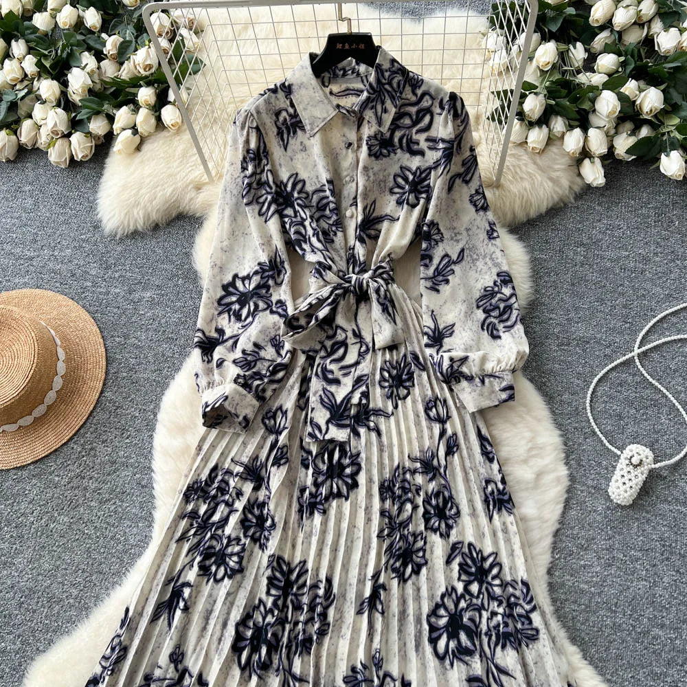 Chic vintage long sleeve turn-down collar button pleated Elegant Fairy korean fashion Boho women clothing Long dress