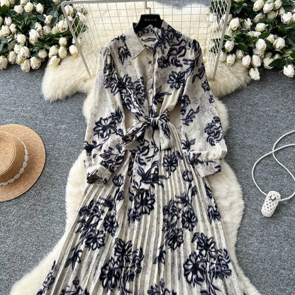 Chic vintage long sleeve turn-down collar button pleated Elegant Fairy korean fashion Boho women clothing Long dress