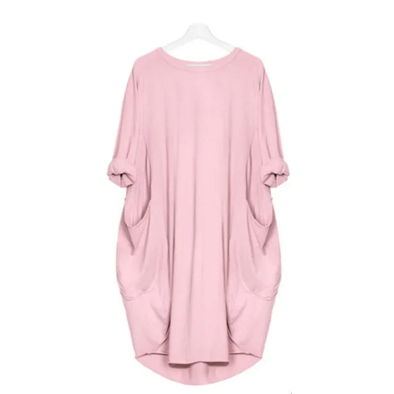 Women Casual Loose Dress with Pocket Fashion Ladies Solid Dress Women's O Neck Long Tops T Shirt Dress Streetwear Plus Size Pink