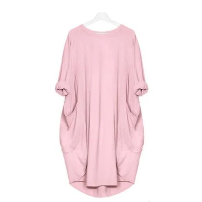 Women Casual Loose Dress with Pocket Fashion Ladies Solid Dress Women's O Neck Long Tops T Shirt Dress Streetwear Plus Size Pink