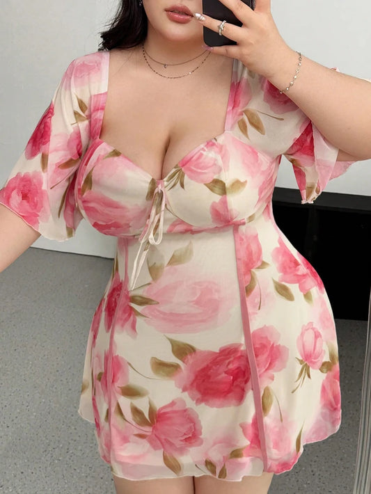 Plus Size Romantic Floral Pink Yellow Ruffle Sleeve Dress Short Sleeve V Neck Waistband Fitted Tiered Pink