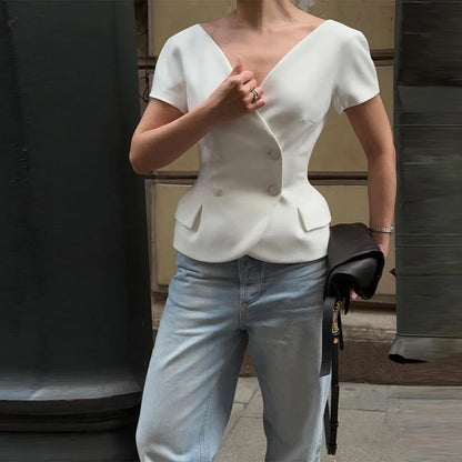 Elegant Short Sleeve Women's Top 2025 Summer Fashion V-neck Button Slim Office Lady Commuting Tops Street Solid Female Shirt white