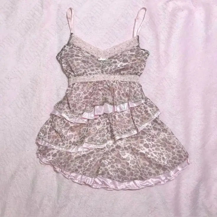 Pink Lace Sleeveless Female Camisole Cute Women Clothing Y2K Vintage Halter Tops Harajuku wear Sweet emo Leopard print Singlet