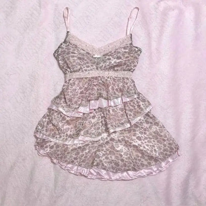 Pink Lace Sleeveless Female Camisole Cute Women Clothing Y2K Vintage Halter Tops Harajuku wear Sweet emo Leopard print Singlet