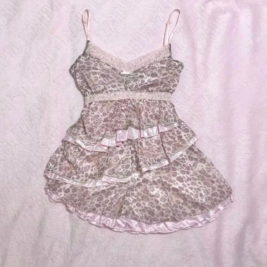 Pink Lace Sleeveless Female Camisole Cute Women Clothing Y2K Vintage Halter Tops Harajuku wear Sweet emo Leopard print Singlet