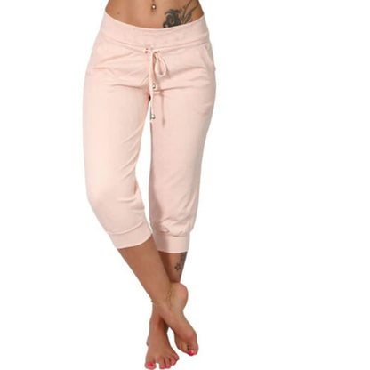 Classic Solid Color Jogging Pants Women Cotton Linen Capris Trousers Bandage Double Pocket Pants Summer Beach Vacation Wear Pink