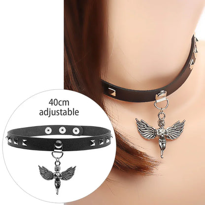 Sexy Trendy Vintage Charm Round Gothic Collar Necklaces Jewelry Gift Gothic Leather Heart Harajuku Women Punk Choker Necklace Angel Cupid Wings 40cm adjustable