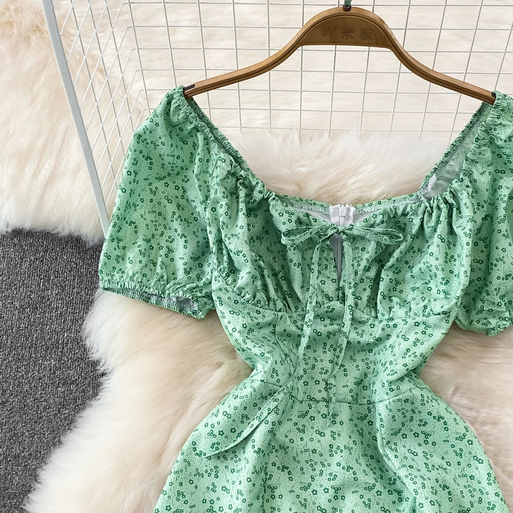 Summer Vintage Dress Blue Floral Summer Bubble Sleeve Tie Up Sexy Dresses Women A-line Print Split Long Dress Elegant Vestidos