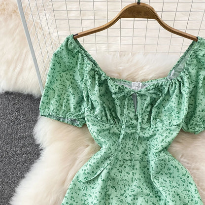 Summer Vintage Dress Blue Floral Summer Bubble Sleeve Tie Up Sexy Dresses Women A-line Print Split Long Dress Elegant Vestidos