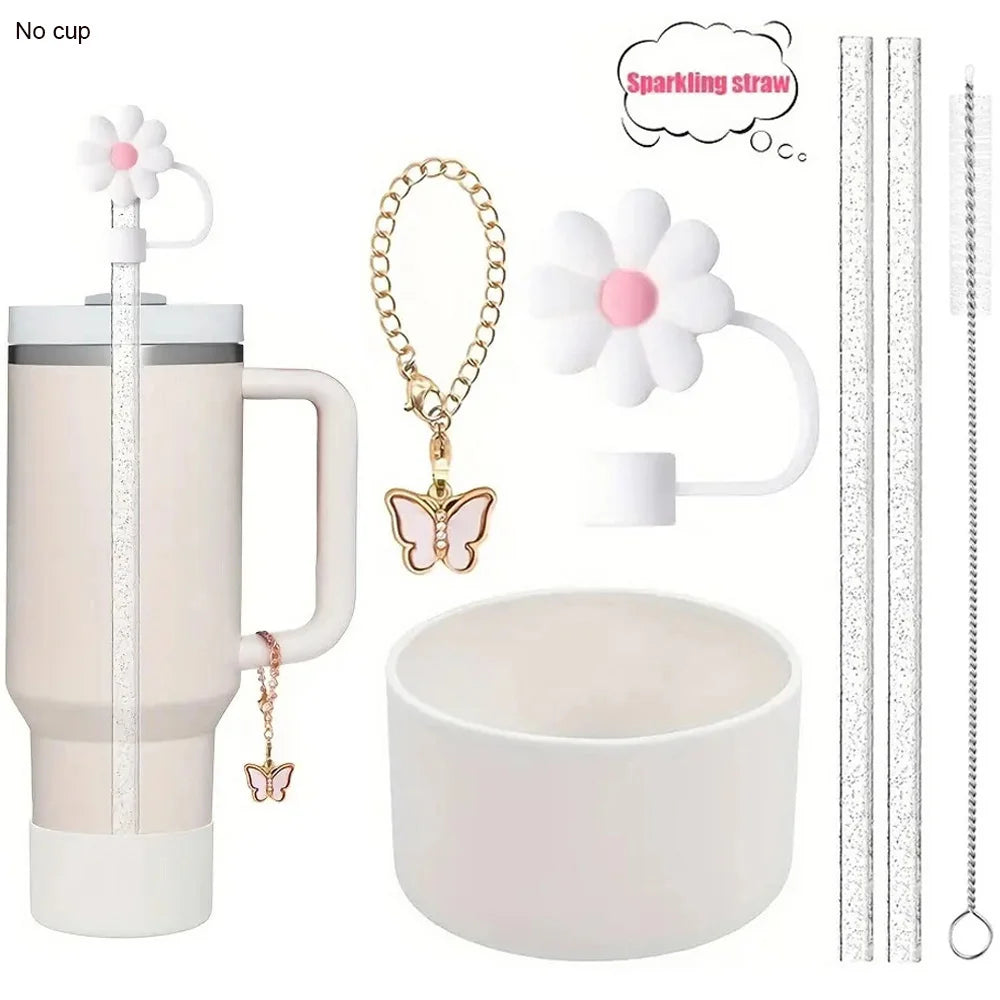 6pcs Reusable Accessories Set for Stanley 40oz Tumblers - Bow Straw Covers, Sparkling Straw, Protective Boot, Charm Chains Badiee Stylez