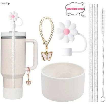 6pcs Reusable Accessories Set for Stanley 40oz Tumblers - Bow Straw Covers, Sparkling Straw, Protective Boot, Charm Chains Badiee Stylez