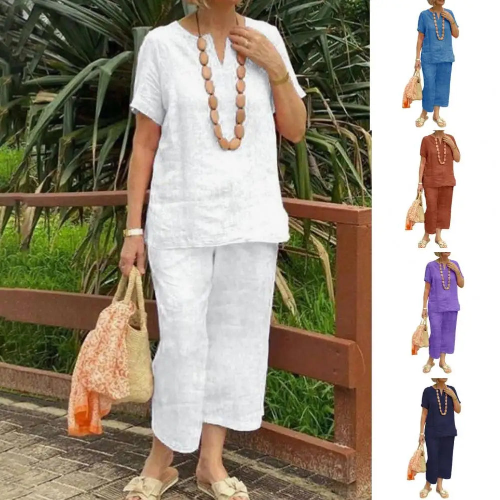 2Pcs Women Blouse Pants Set Solid Color Short Sleeve Loose Top Wide Leg Straight Pants Sets Casual Matching Tracksuit Outfit