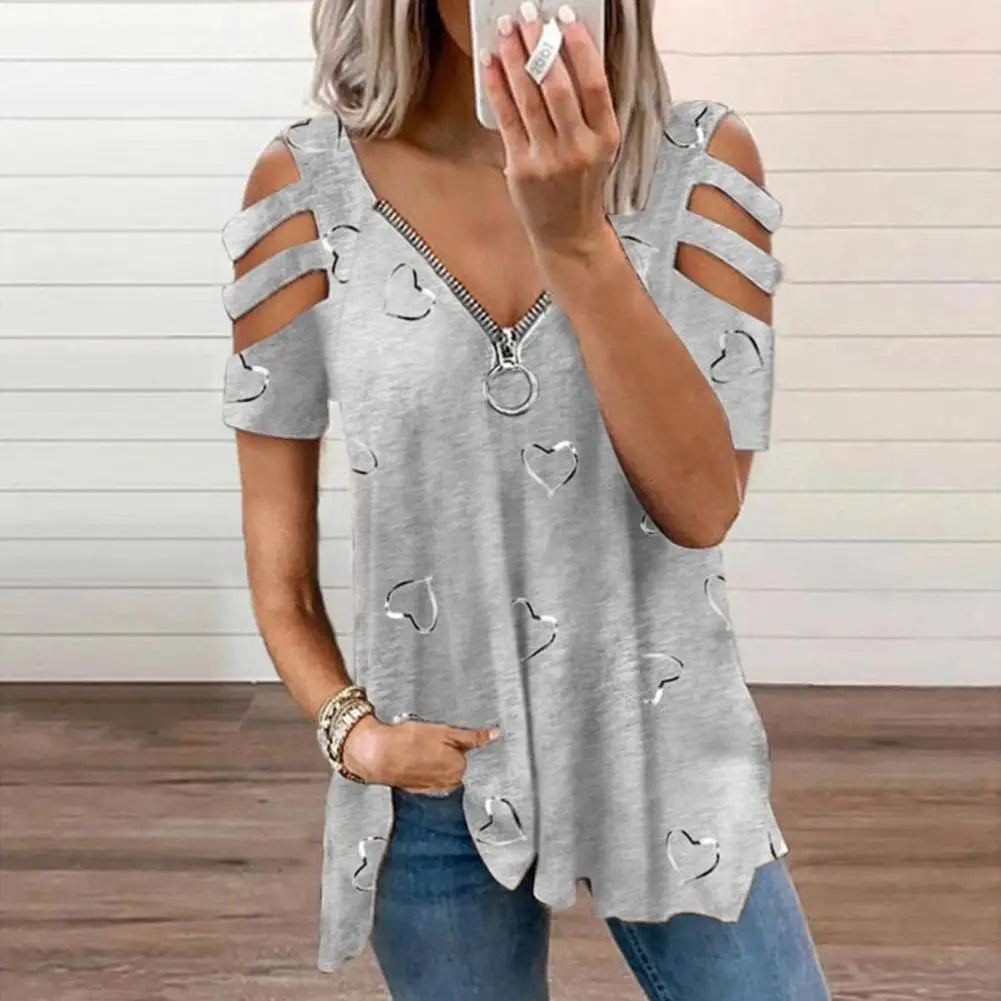 Women Summer Top V Neck Low-cut Hollow Out Short Sleeves T-shirt Match Pants Loose Plus Size Women Blouse Women Clothes