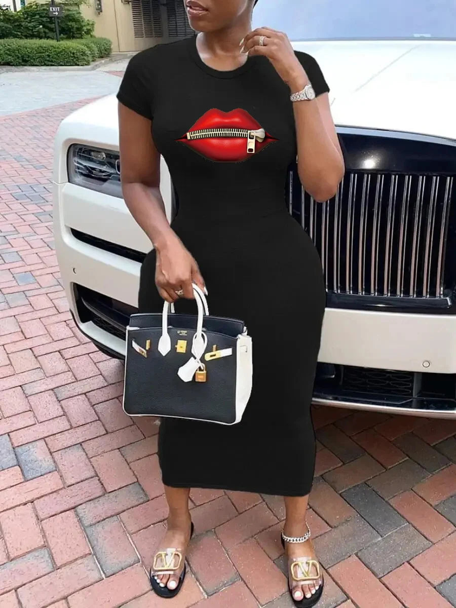 Summer black sexy dress women's red lip zipper print casual slim fit short sleeved round neck T-shirt mini dress
