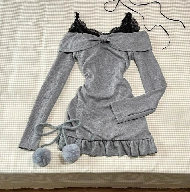 2024 High Street Two Piece Set Gray Slash Neck Long Sleeve Spliced Plested Dresses Y2k Aesthetic Vintage Lace Design Sling Dress Badiee Stylez