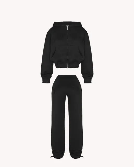Patchwork 2 Piece Set Tracksuit Women Zip Wide Waist Crop Hooded Pocket Jacket + Sporty Pants Matching Casual Basic Suit