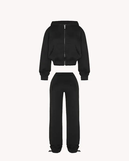 Patchwork 2 Piece Set Tracksuit Women Zip Wide Waist Crop Hooded Pocket Jacket + Sporty Pants Matching Casual Basic Suit