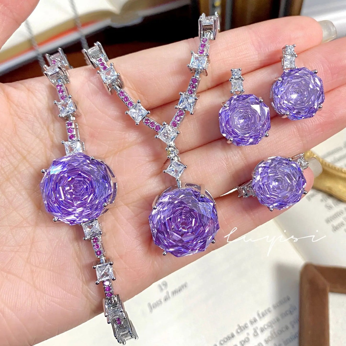 High Quality Rose Purple Pink Crystal Zircon Jewelry Set Necklace for Women Earrings Ring Bracelet Wedding Banquet Party Holiday Badiee Stylez