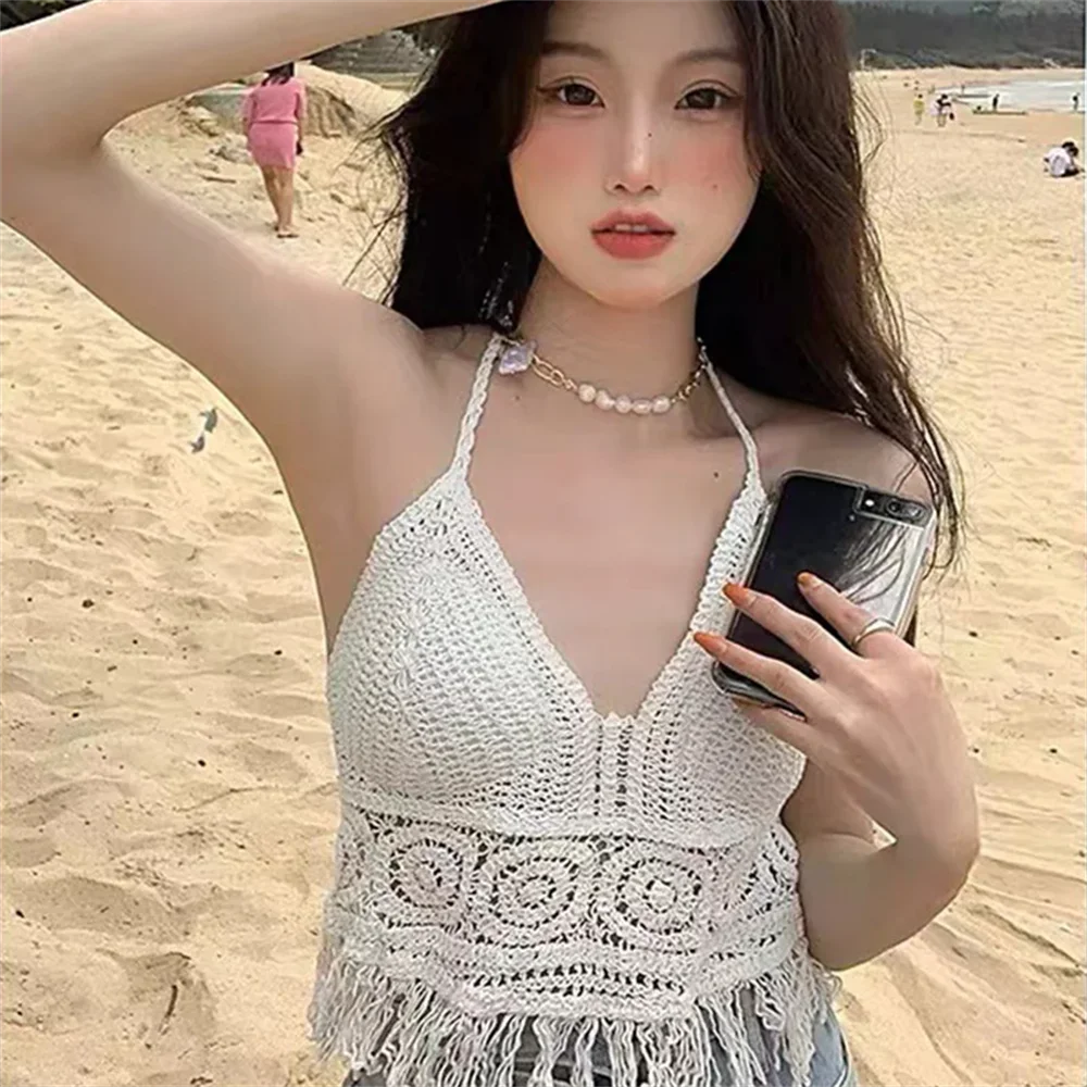Sexy Boho Beach Holiday Camisole Halter Women Crochet Knit Swimsuit Bra Backless Vest Hollow Tassel Tank Top Women's Crop Tops