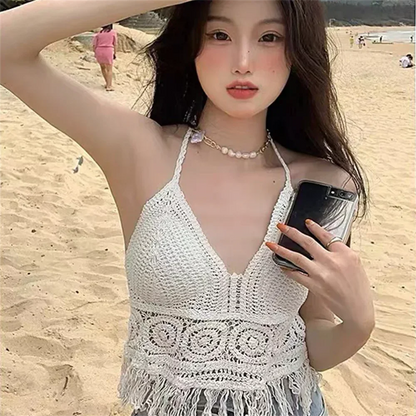 Sexy Boho Beach Holiday Camisole Halter Women Crochet Knit Swimsuit Bra Backless Vest Hollow Tassel Tank Top Women's Crop Tops