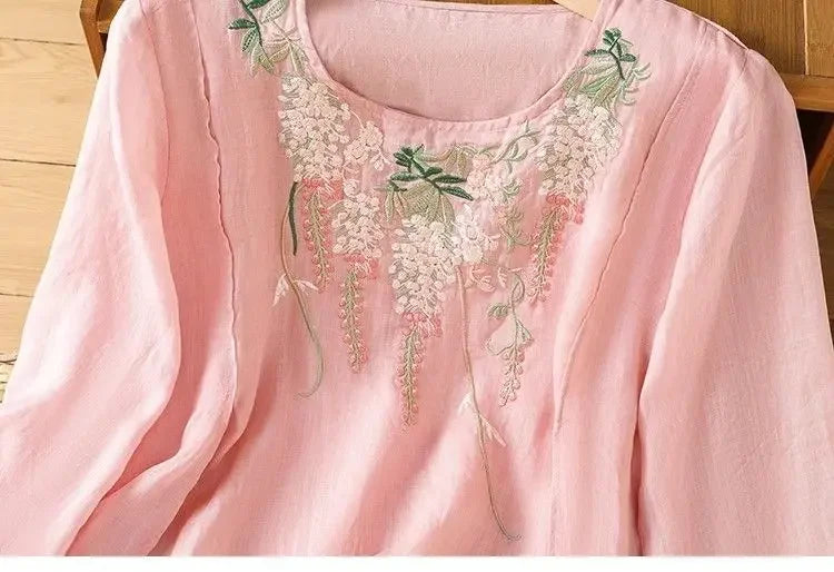Thin Streetwear Vintage Clothes Ethnic Style Cotton Linen Shirts for Women Clothing Top Tshirt Tees Fashion Casual Embroidery