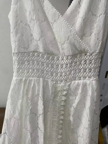 Summer V Neck Solid Color Lace Hollow-Out Sleeveless Sling Party Wear High Waist Rompers Holiday Casual White Women's Jumpsuit