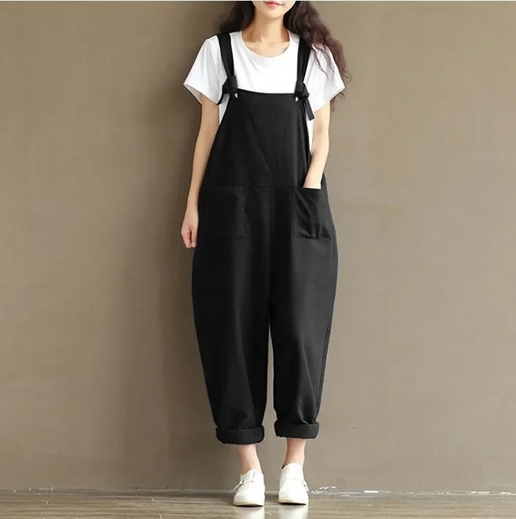 Women's Solid Color Simple Suspender Jumpsuit Sanded Cotton Pocket Loose Suspender Casual Pants Daily Commuter Wear S-3XL Badiee Stylez