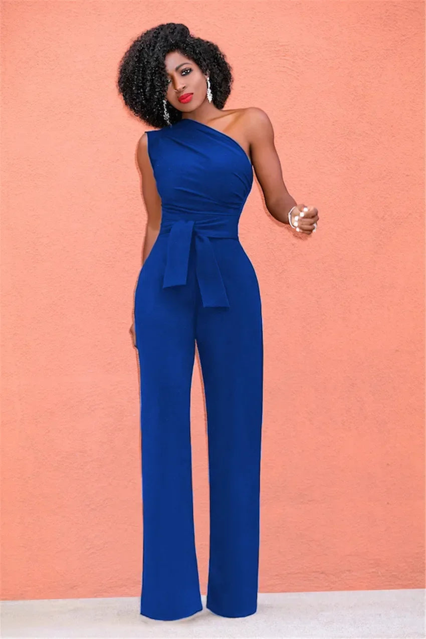 Women's Jumpsuit Solid Skew Collar Crop Top Straight Pants Belt Sexy Sleeveless Loose Pants Elegant Charming Playsuits 2024 Badiee Stylez