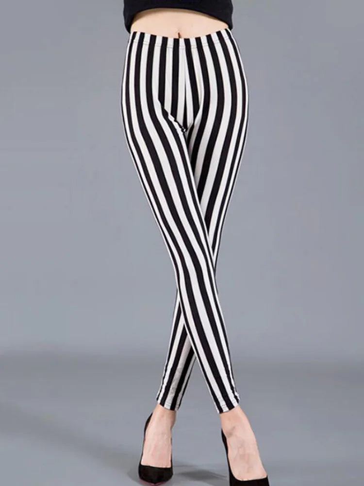 CUHAKCI Female Fitness Leggings Women Print Plaid Leggings Lady Sexy Slim Pencil Pants Push Up Elastic Waist Trousers Straight stripes