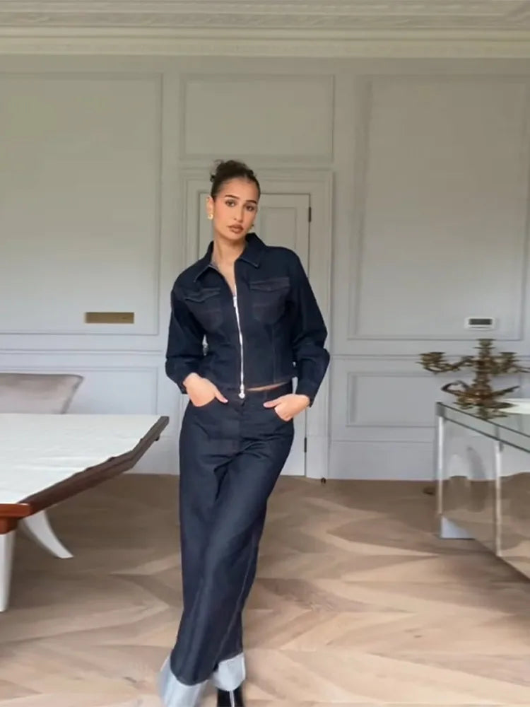 Lapel Zipper Denim Jackets Pants Sets Women Casual Pockets Short Jackets Suit With High Waist Jeans Lady Chic High Street Outfit