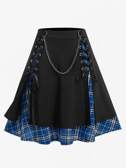 ROSEGAL Plus Size Women's Gothic Skirt Casual Plain Chain Detail High Waisted Stitching Plaid Pleated Layered Lace Up Skirts 5XL Deep Blue