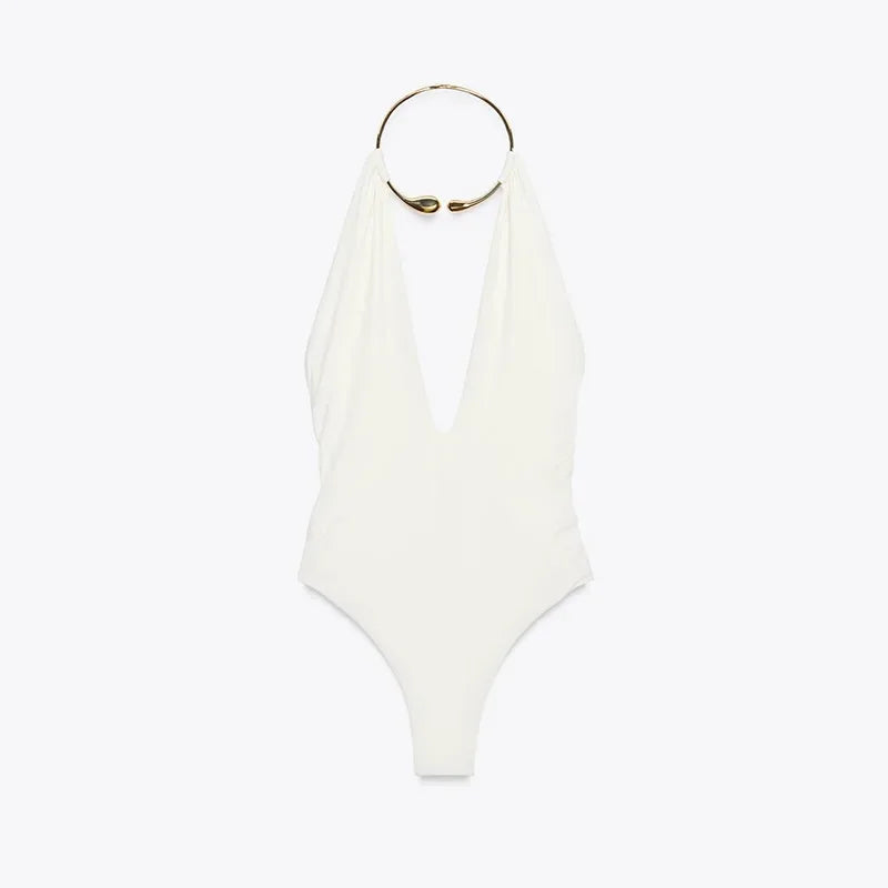 Women's V-neck Sleeveless Backless Slim Fit Metal Halter Jumpsuit Sexy Hollow out Long Robe Party Dress New Tank Top 2025 Summer white jumpsuit