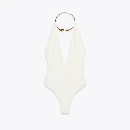 Women's V-neck Sleeveless Backless Slim Fit Metal Halter Jumpsuit Sexy Hollow out Long Robe Party Dress New Tank Top 2025 Summer white jumpsuit