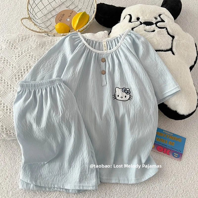 Summer New Cloud Cotton round Ne Button Sweet Cartoon Spwear Two-Piece Set Lightweight Comfortable Student Home Clothes
