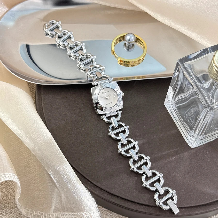 High-End Women's Skeleton Design Watch Square Roman Hour Markers Light Luxury Fashion Cross-Border Best-Seller Ladies Watch