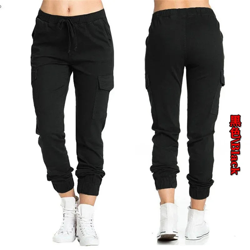 2022 New Solid Jogger Women's Cargo Pants Multi-Pocket Drawstring Elastic Waist Women Sports Pants Streetwear Casual Long Pant Badiee Stylez