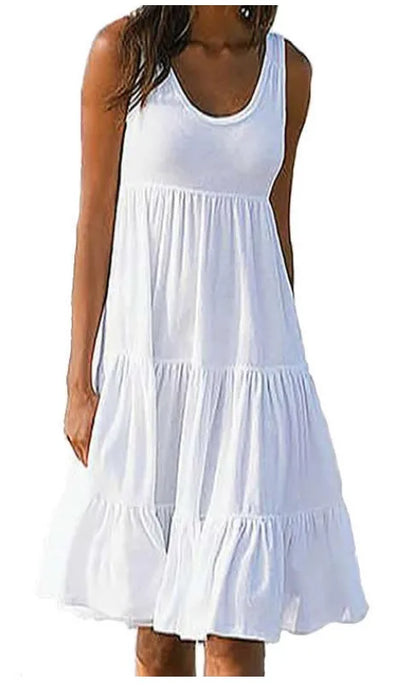 Women Causual O Neck Sleeveless Ruffles Mini Dress Boho Solid Beach Sundress Oversized Loose Dress 2023 Summer